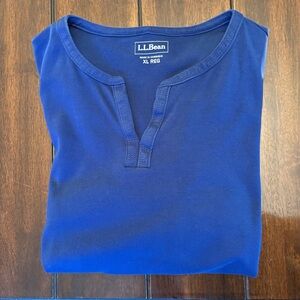 L.L. Bean Tee Three Quarters Length Sleeves Alpine Blue Split Neck XL